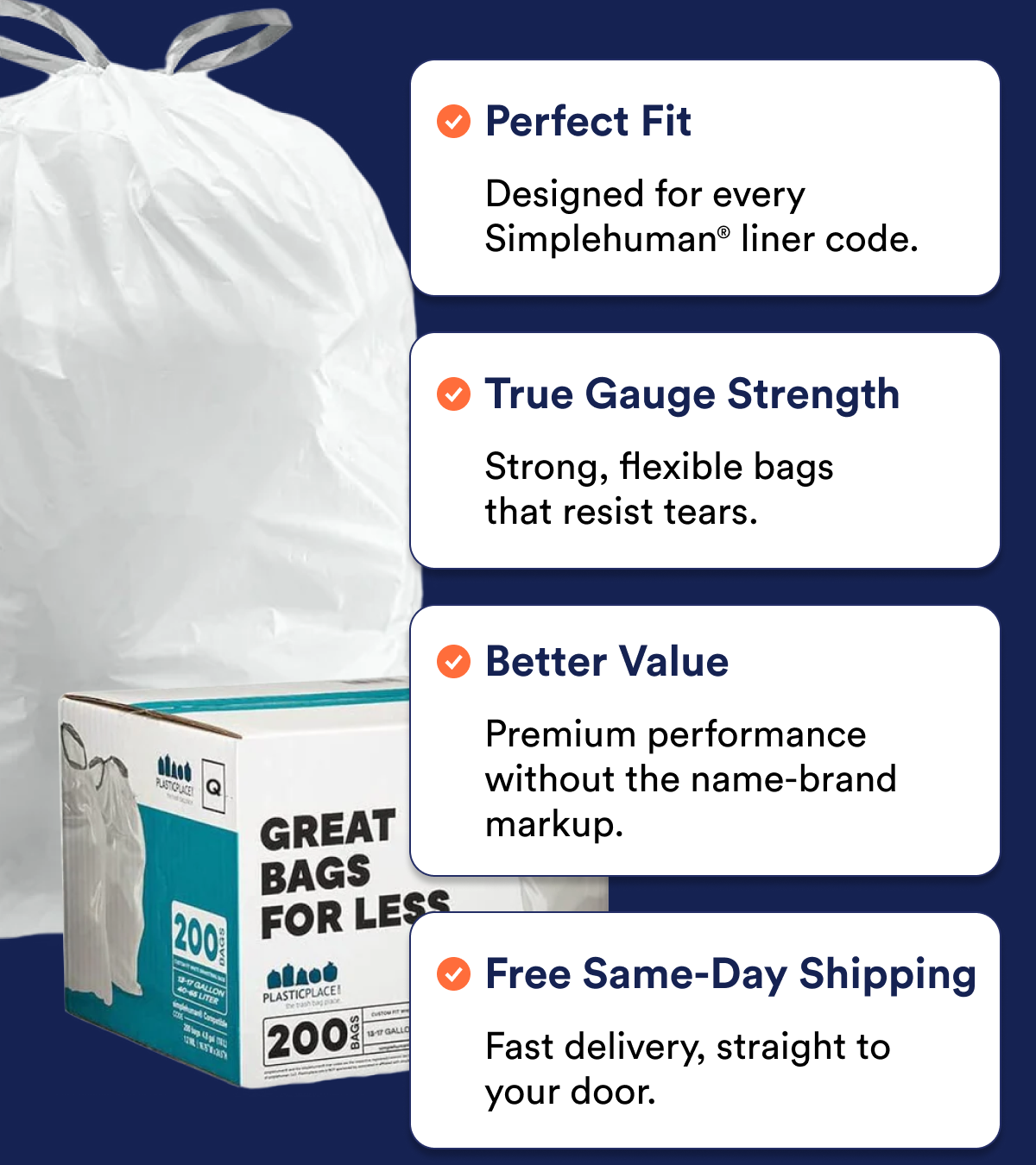 Features of Simplehuman garbage bags: perfect fit, true gauge strength, better value, free shipping.