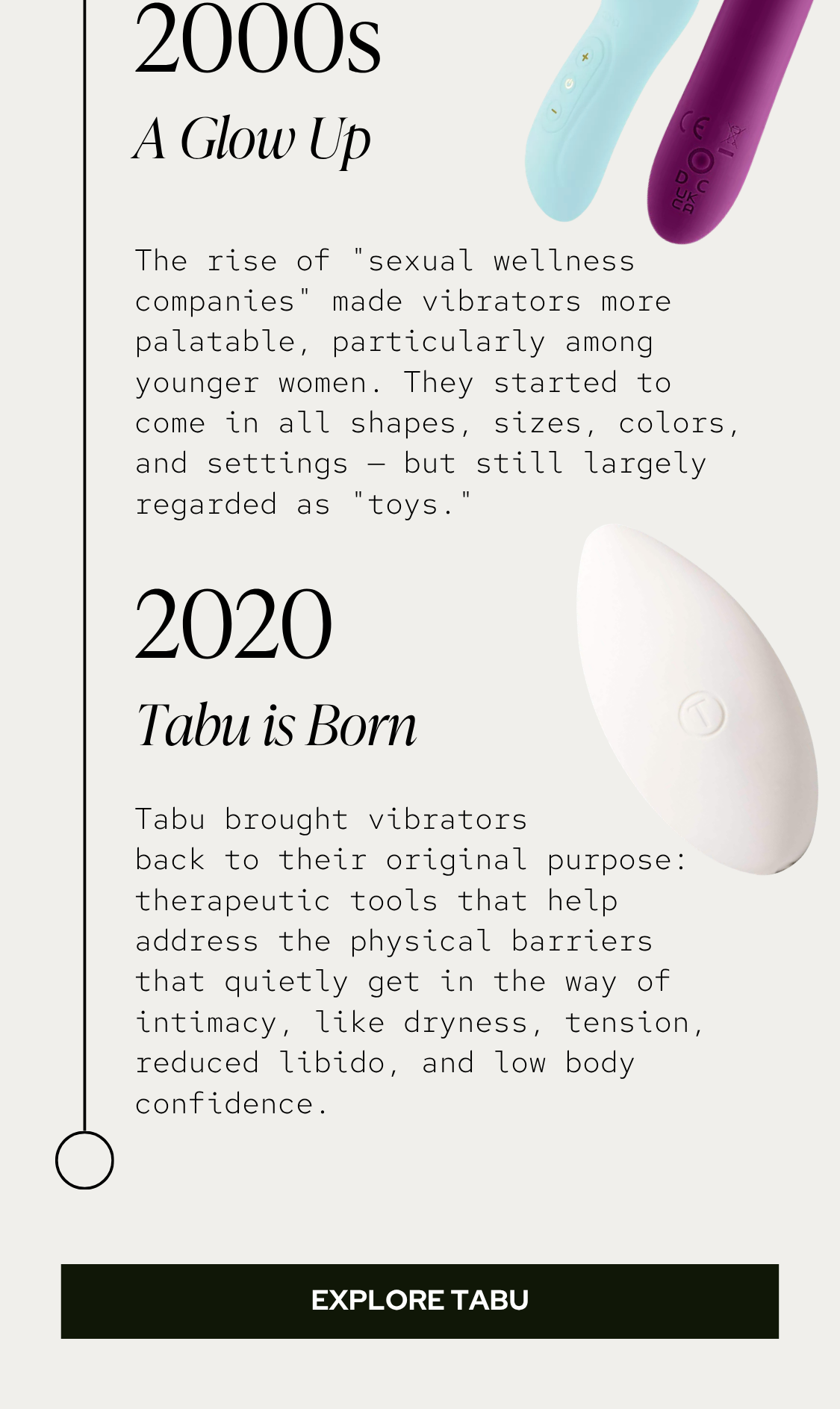 Tabu brought vibrators back to where they started: therapeutic tools designed to address the physical barriers that quietly get in the way of intimacy, like dryness, tension, reduced libido, and low body confidence.