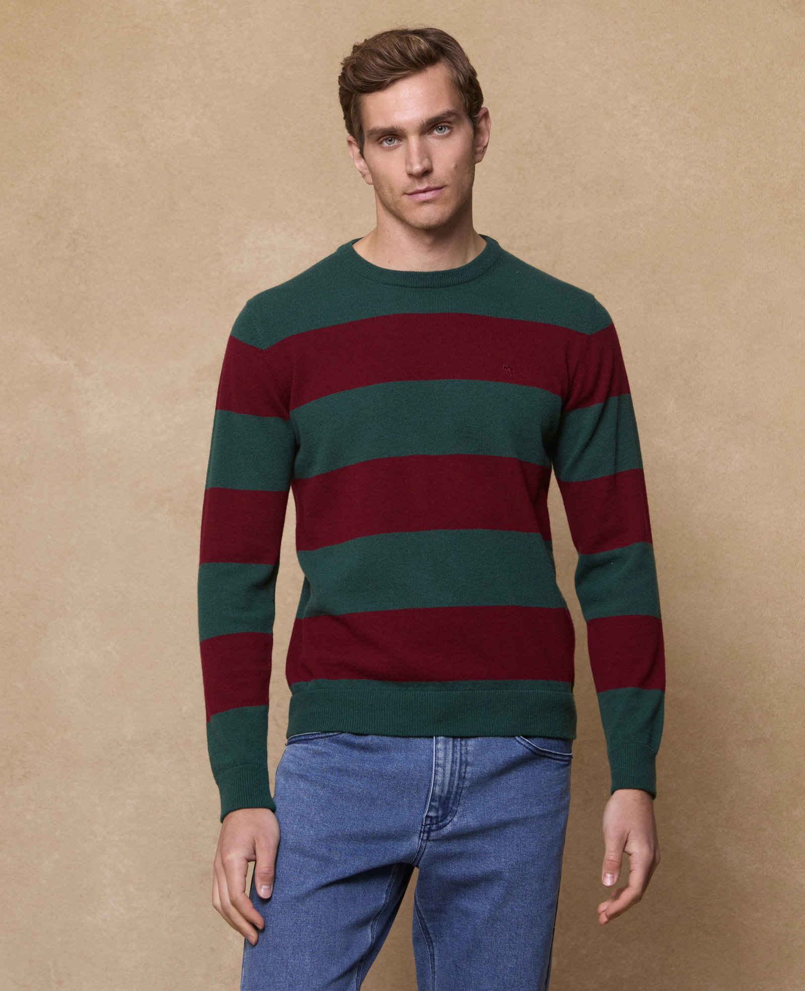 Image of Aidan Merino Crew Jumper - Green & Burgundy Stripe