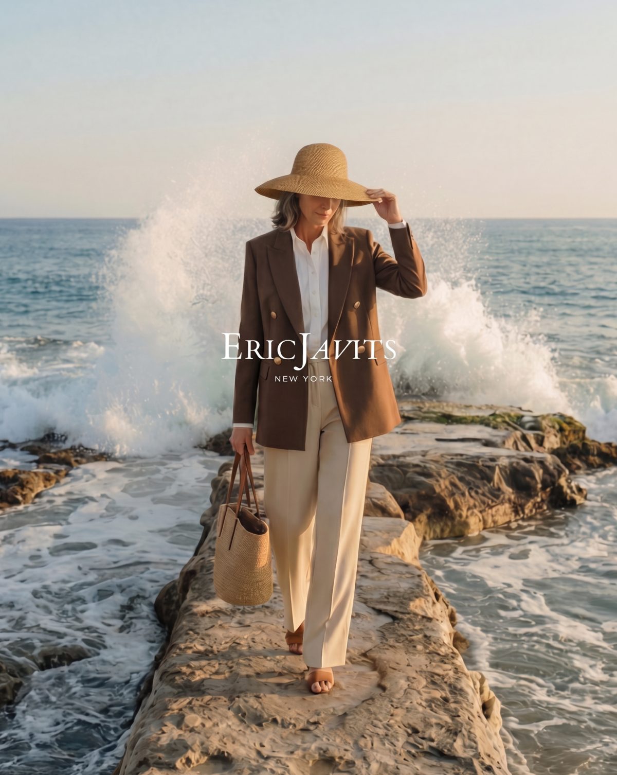 A woman in a brown blazer and wide-brimmed hat walking on a rocky shore near the ocean.