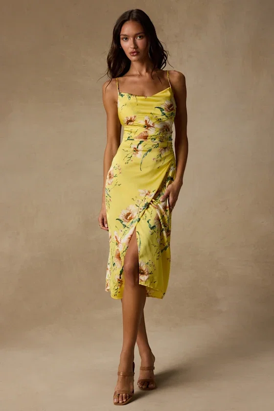 Image of Sunny Blossom Yellow Floral Print Satin Cowl Neck Midi Dress