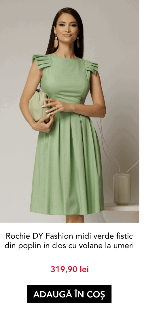 Rochie DY Fashion midi verde fistic din poplin in clos cu volane la umeri