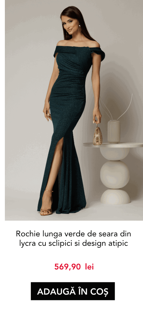 Rochie lunga verde de seara din lycra cu sclipici si design atipic