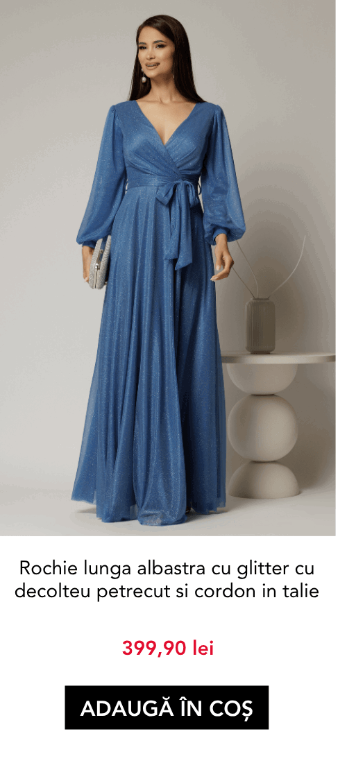 Rochie lunga albastra cu glitter cu decolteu petrecut si cordon in talie