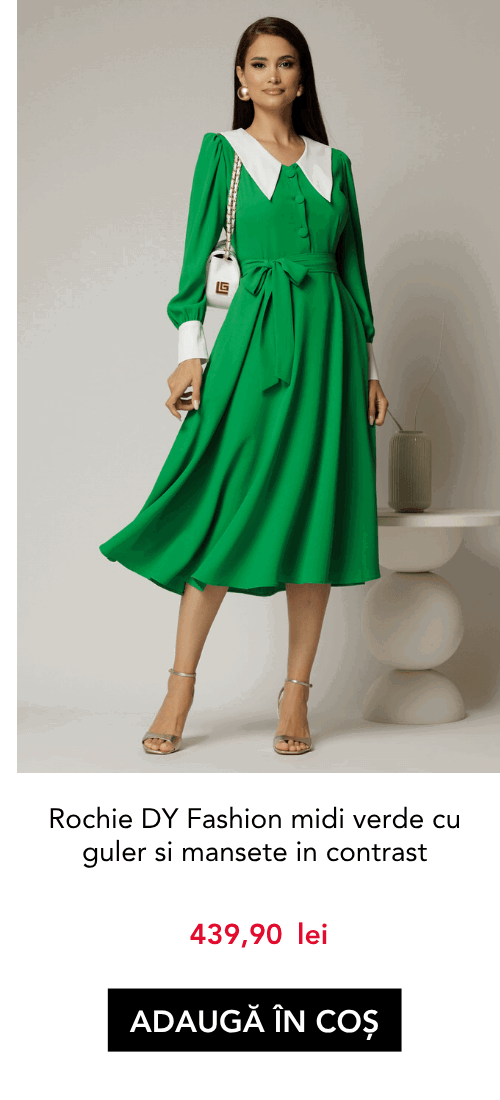 Rochie DY Fashion midi verde cu guler si mansete in contrast