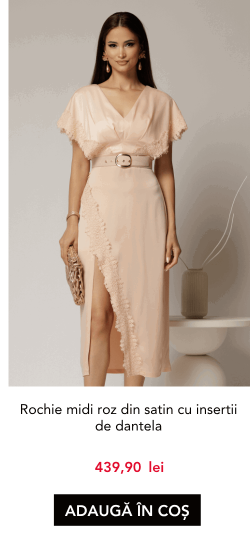 Rochie midi roz din satin cu insertii de dantela