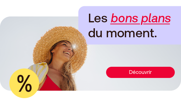 Offres du moment pour l’été : une femme souriante portant un grand chapeau de paille profite du soleil. La bannière met en avant des promotions attractives et des avantages saisonniers, et invite à découvrir les bons plans du moment.
