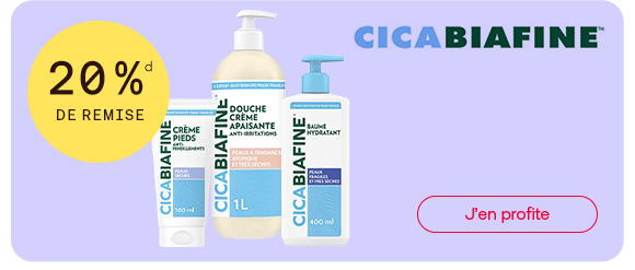 CicaBiafine propose 20 % de remise sur une sélection de soins. La bannière met en avant une crème pour les pieds, une crème de douche et un baume hydratant destinés aux peaux sèches et sensibles. Elle invite à découvrir cette gamme de soins nourrissants et à profiter de l’offre actuelle.