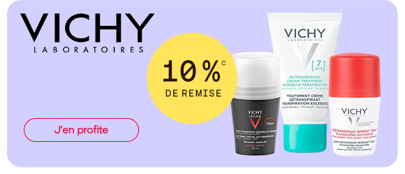 Vichy propose 10 % de remise sur une sélection de déodorants. Plusieurs formats pour une protection durable et un soin quotidien sont mis en avant, dont des roll-ons et une crème. La bannière invite à découvrir la gamme de déodorants Vichy et à profiter de l’offre actuelle.