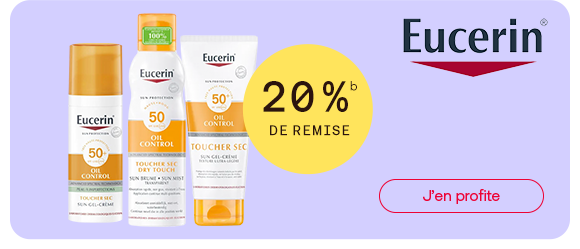 Eucerin propose 20 % de remise sur une sélection de produits solaires Oil Control. Plusieurs soins avec indice de protection SPF 50+ pour le visage et la peau sont mis en avant. La bannière invite à découvrir cette protection solaire légère pour un usage quotidien et à profiter de l’offre.