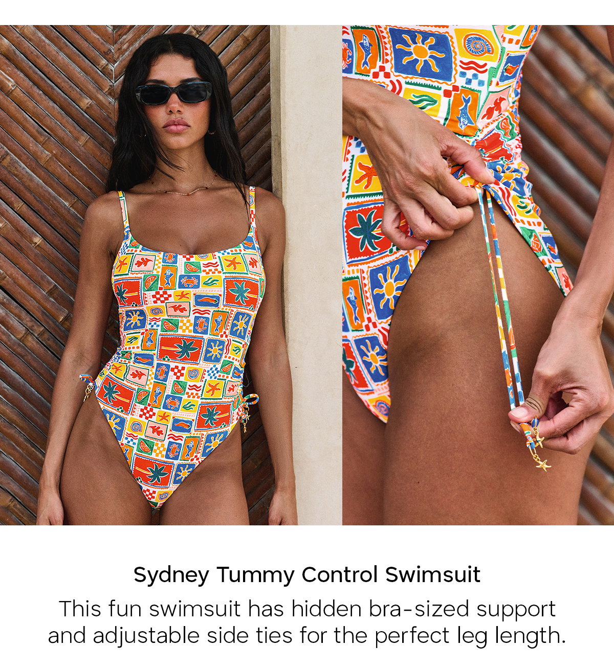 Sydney Tummy Control Swimsuit. This fun swimsuit has hidden bra-sized support and adjustable side ties for the perfect leg length.