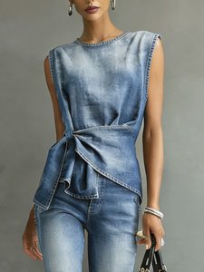 Image of Denim Casual Plain Knot Front Crew Neck Top