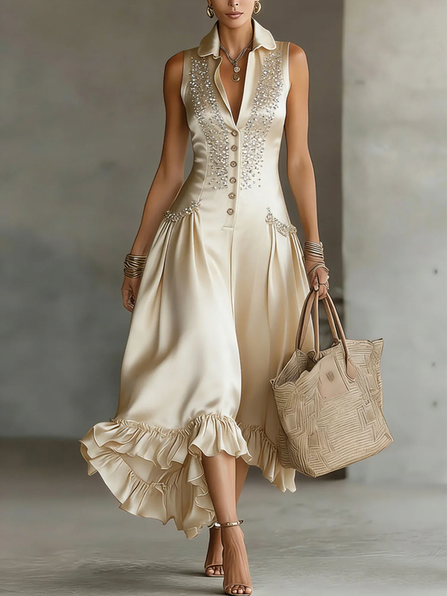 Image of Elegant Plain Hot Drilling Shirt Collar Maxi Dress