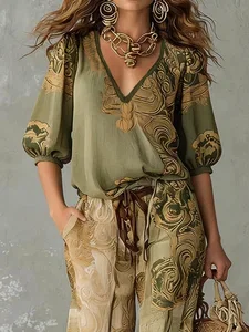 Image of Vacation Ethnic Printing V Neck Puff Sleeve Blouse