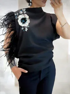 Image of Elegant Floral Feather-trimmed Blouse