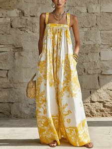 Image of Vacation Printing Floral Square Neck Jumpsuit