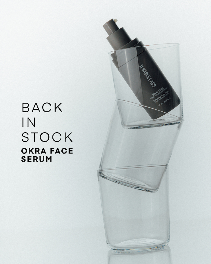 S'ABLE Labs Okra Face Serum back in stock, retinoid and African Resurrection Plant face serum in glass vessel