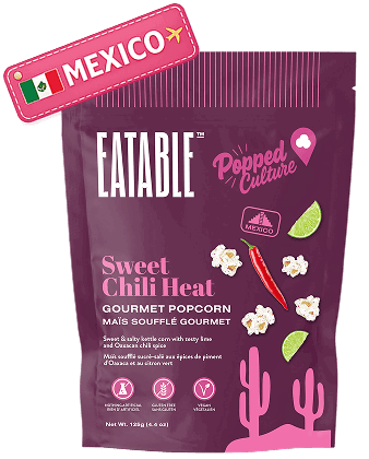 Sweet Chili Heat popcorn — sweet & salty with lime and Oaxacan chili, bright and mildly spicy.