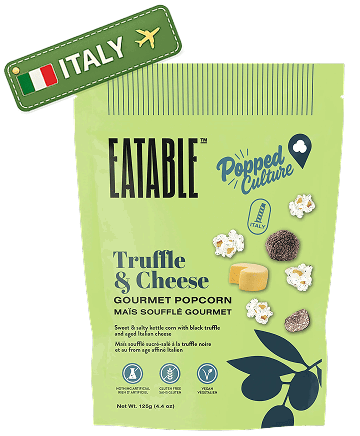Truffle & Cheese popcorn — sweet & salty with black truffle and aged Italian cheese, rich and gourmet.