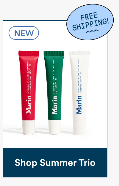 Three Marin Lip Treatments—Strawberry Rhubarb, Mint, and Unscented—stand upright against a white background. A badge reads “FREE SHIPPING!” and text below says “Shop Summer Trio.”