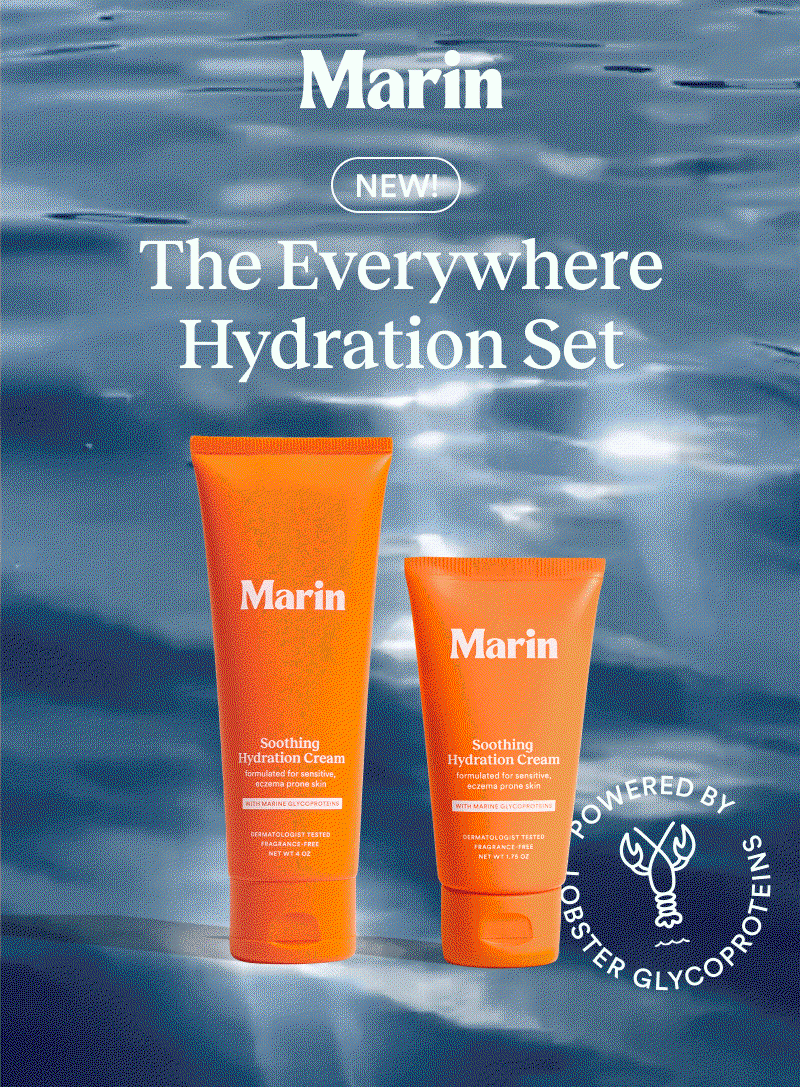 Two orange Marin Soothing Hydration Cream tubes—one full-size 4 oz. and one mini 1.75 oz.—displayed against a shimmering ocean-water background. Text reads “NEW! The Everywhere Hydration Set,” with a seal noting it is powered by lobster glycoproteins.