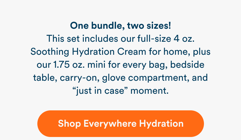 Text explains that the Everywhere Hydration Set includes a full-size 4 oz. Soothing Hydration Cream for home and a 1.75 oz. mini for bags, bedside tables, carry-ons, glove compartments, and everyday hydration on the go. Orange button reads “Shop Everywhere Hydration.”