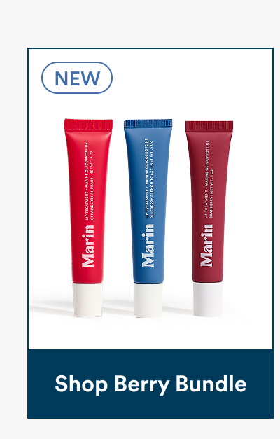 Three Marin Lip Treatments—Strawberry Rhubarb, Blueberry French Toast, and Cranberry—stand upright against a white background. Text below reads “Shop Berry Bundle.”