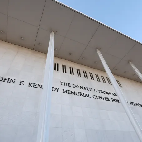 Newly added lettering for U.S. President Donald Trump's name on the facade of the John F. Kennedy Center for the Performing Arts.