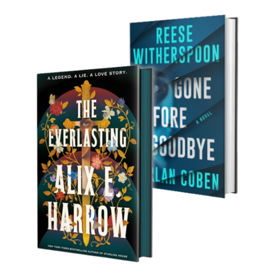 Book Outlet graphic featuring hardcover fiction titles The Everlasting by Alix E. Harrow and Gone Before Goodbye by Lan Coben.