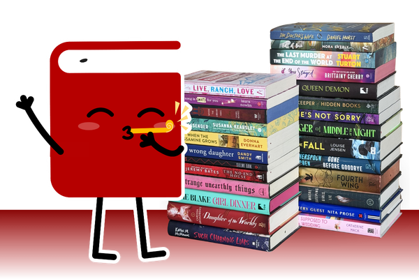 Book Outlet graphic featuring Dash beside stacks of bestselling fiction books.