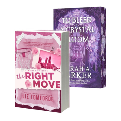 Book Outlet graphic featuring paperback fiction and fantasy titles The Right Move by Liz Tomforde and To Bleed a Crystal Bloom by Sarah A. Parker.