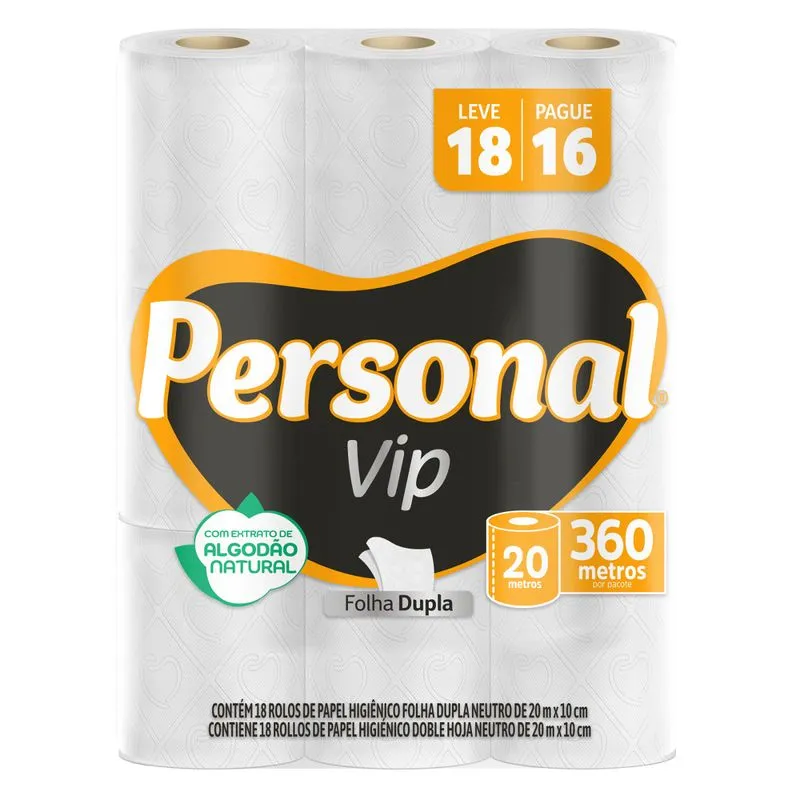 Papel Higiênico PERSONAL Vip Folha Dupla 20 Metros Leve 18 Pague 16 Rolos