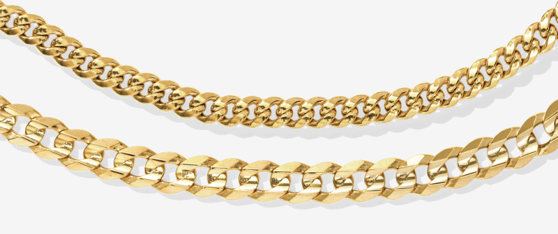 Yellow gold curb chain necklaces with polished flat and rounded link designs.