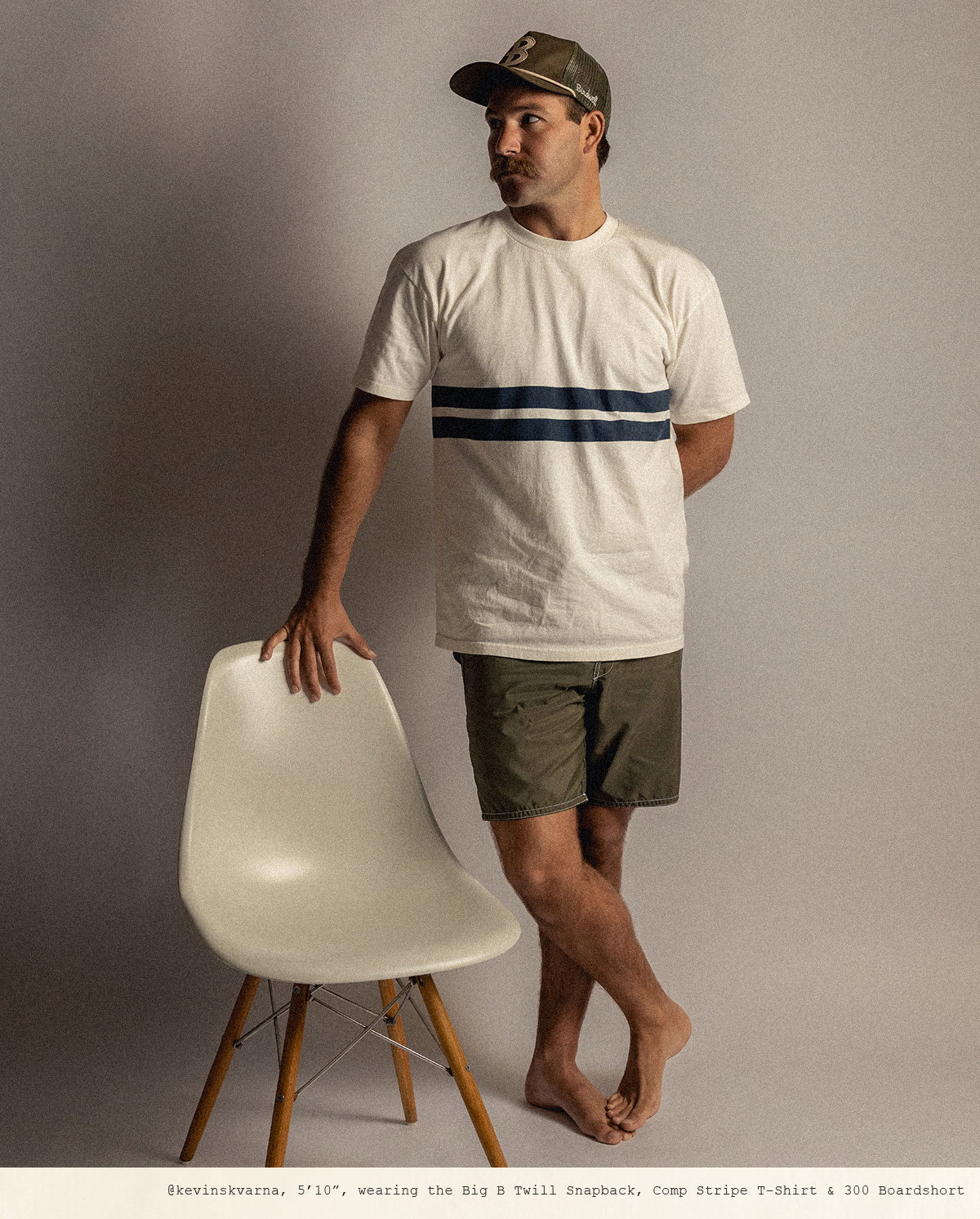 Kevin, 5'10", wearing the Big B Twill Snapback, Comp Stripe T-Shirt & 300 Boardshort