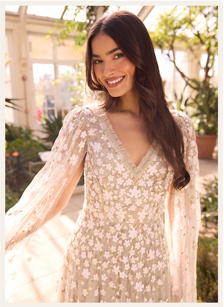 Camellia Ditsy Cape Sleeve Ankle Gown