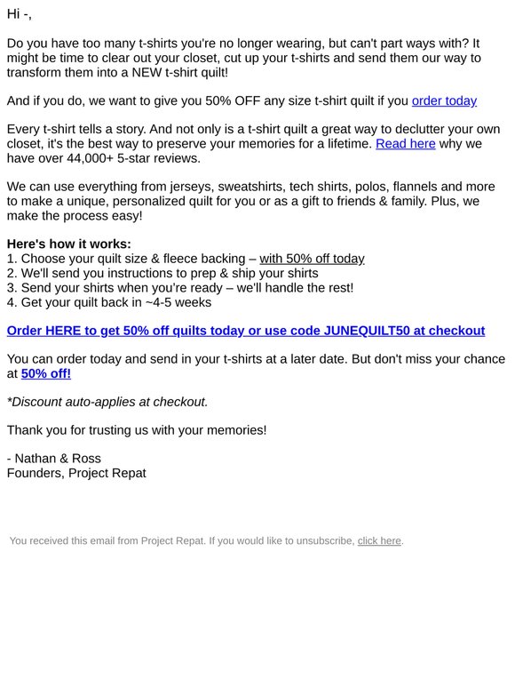 — - enjoy 50% off quilts today