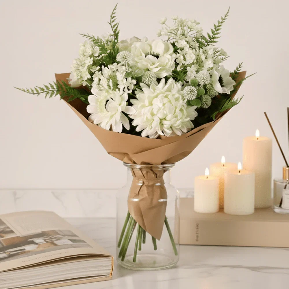 Cream & Green Mixed Faux Floral Bouquet