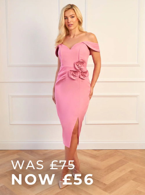 Chi Chi London Rosette Detail Bardot Midi Dress in Pink