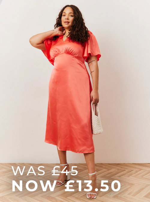 Coral Satin Flutter Sleeve Midaxi Slip Dress