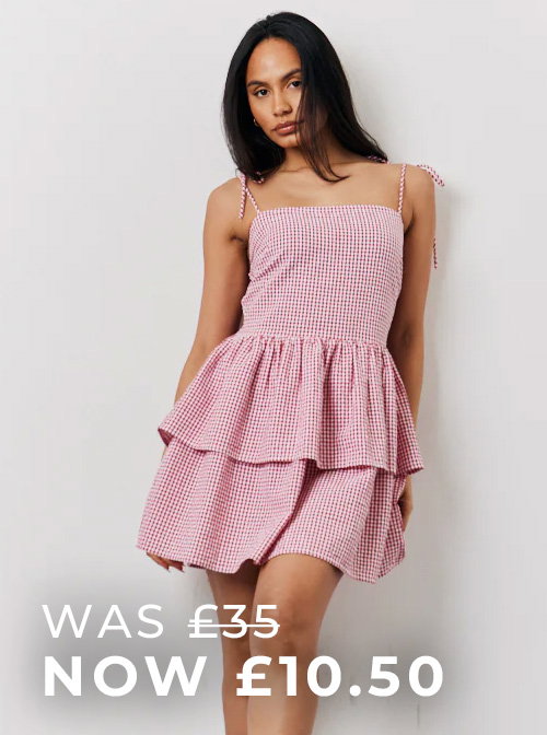 Red Seersucker Gingham Shirred Mini Dress