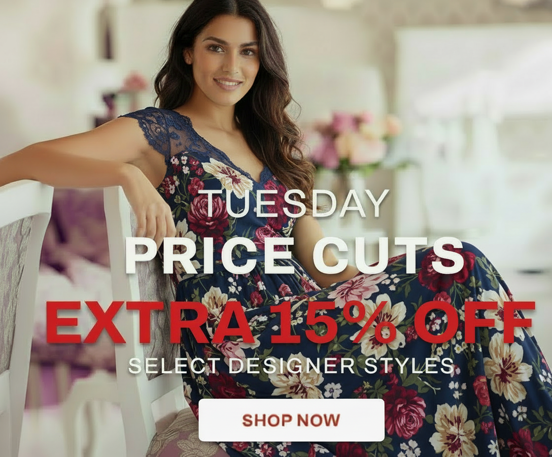 Woman in floral dress promoting Tuesday price cuts with an extra 15% off select designer styles.