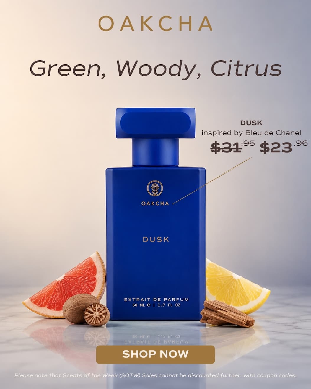 Oakcha. 25% off scent of the week. Dusk is inspired by Bleu de Chanel. Shop Now.