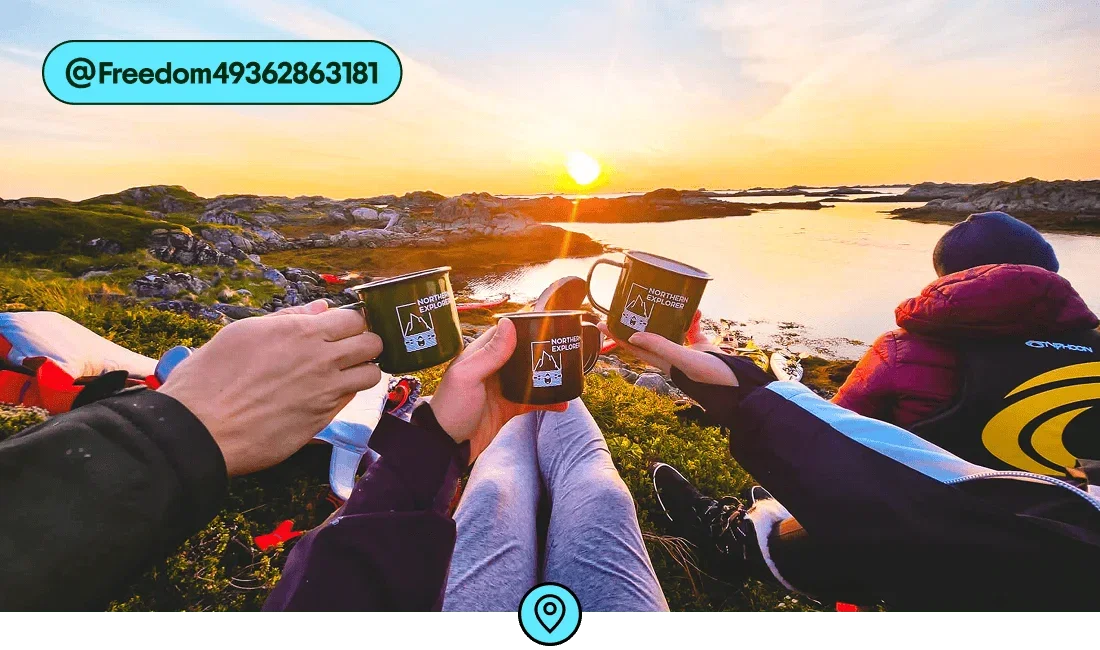 Image description: A group toasting with mugs in front of a sunset, photo taken by @Freedom49362863181