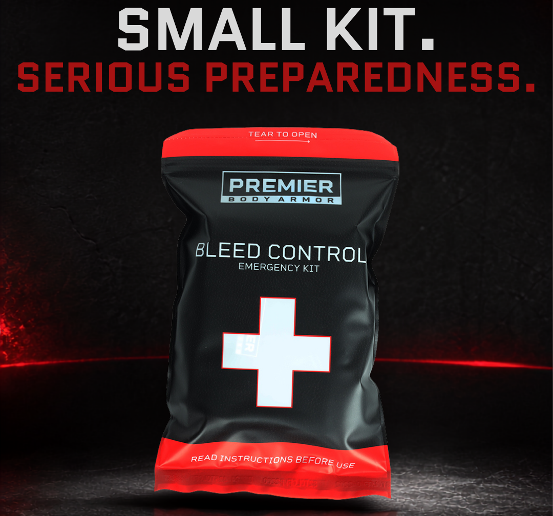Compact, organized bleed control kit staged for one-hand access