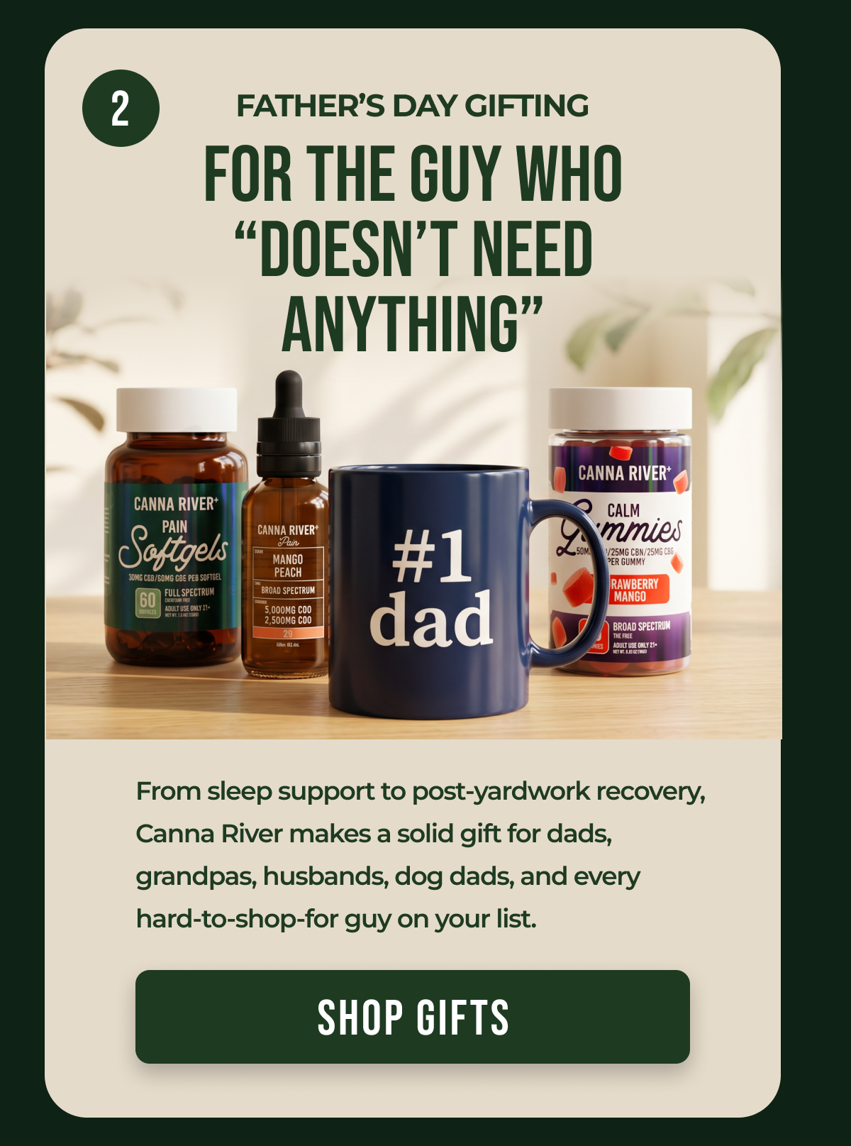 2 Father’s Day Gifting For the guy who “doesn’t Need anything” From sleep support to post-yardwork recovery, Canna River makes a solid gift for dads, grandpas, husbands, dog dads, and every hard-to-shop-for guy on your list. Shop gifts
