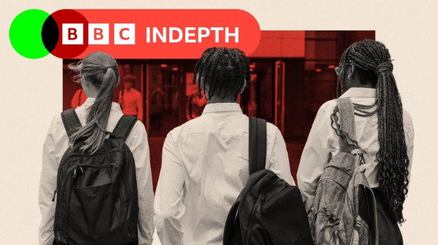 Three students wearing white shirts and backpacks walk toward a building entrance with glass doors, that has been digitally tinted red. Above them, the text says “BBC INDEPTH” alongside BBC branding.