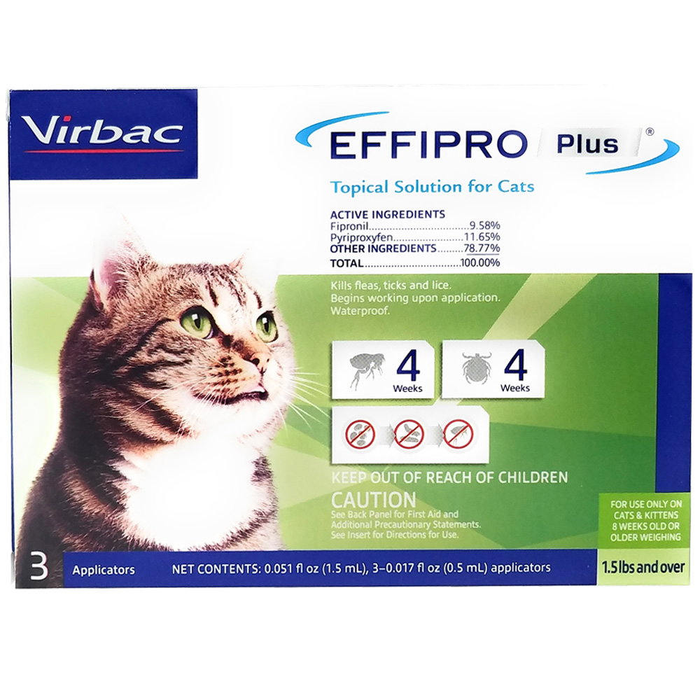 Image of Virbac EFFIPRO Plus Flea & Tick Spot Treatment for Cats, over 1.5 lbs, 3 Doses (3-mos. supply)