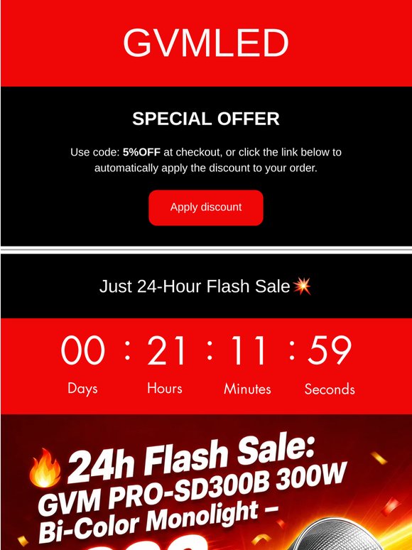  🔥24h Flash Sale: GVM PRO-SD300B 300W Bi-Color Monolight – $248 + FREE $69 Softbox!