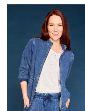 Relaxed Restyled Denim French Terry Zip Front Jacket