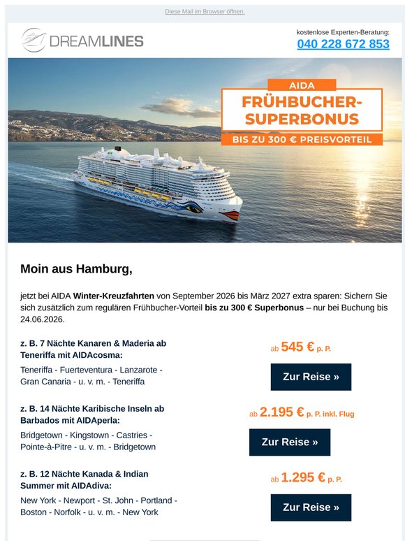Bis zu 300 € Superbonus auf AIDA Winterreisen